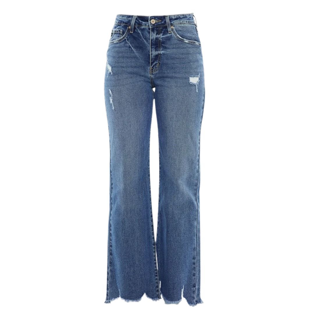 JEANS DE TIRO ALTO Y PIERNA ANCHA BOTA DESHEBRADO