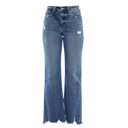 JEANS DE TIRO ALTO Y PIERNA ANCHA  BOTA  DESHEBRADO