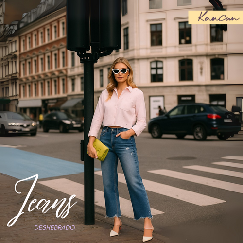JEANS DE TIRO ALTO Y PIERNA ANCHA  BOTA  DESHEBRADO