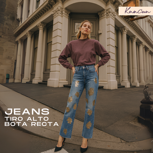 JEANS EUNINA  DE TIRO ALTO ESTAMPADO HOJAS